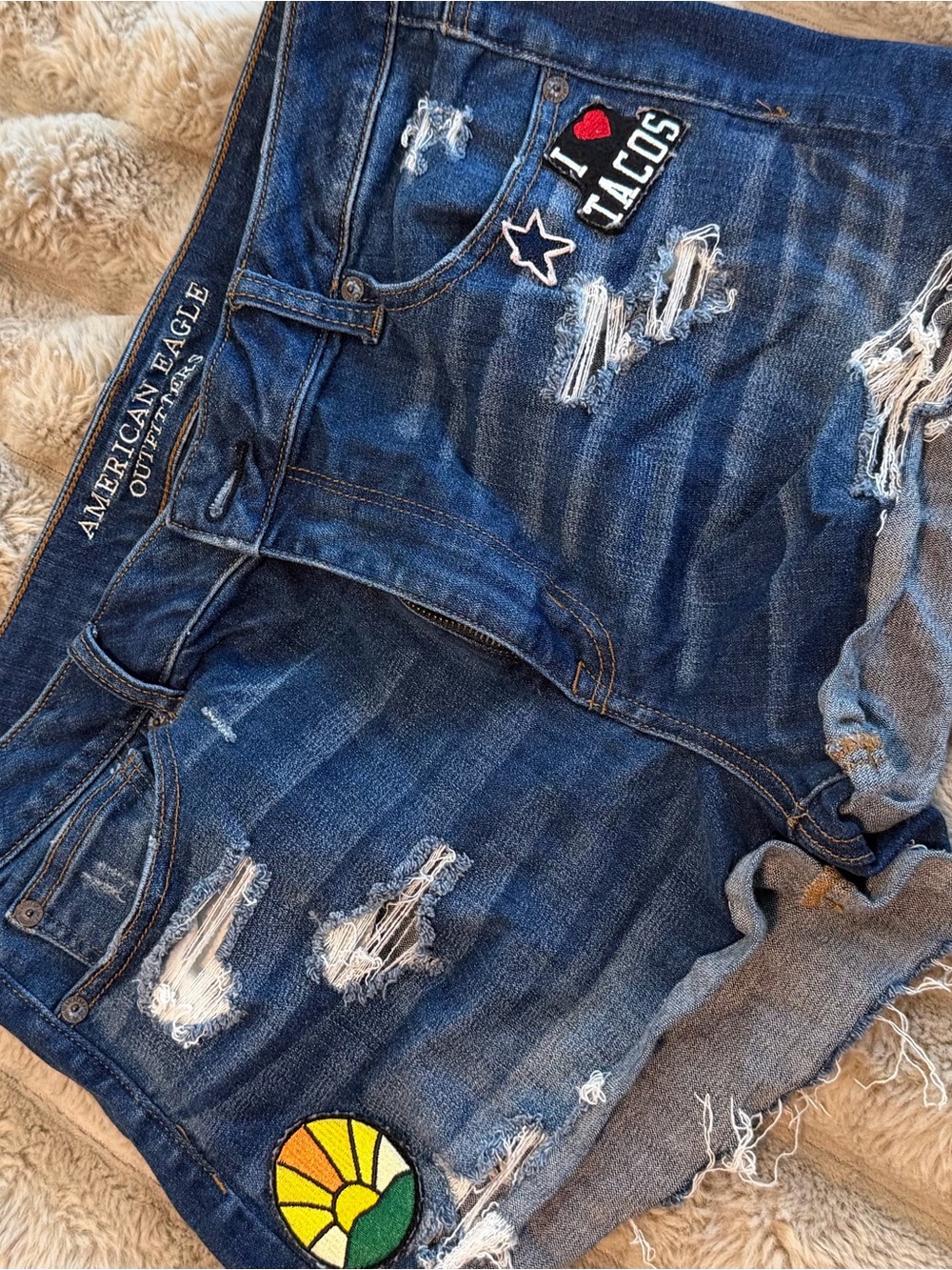 American Eagle Outfitters Distressed Blue Denim Jean Shorts with Patches